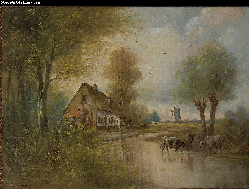 unknow artist Landscape with cows, small farm and windmill